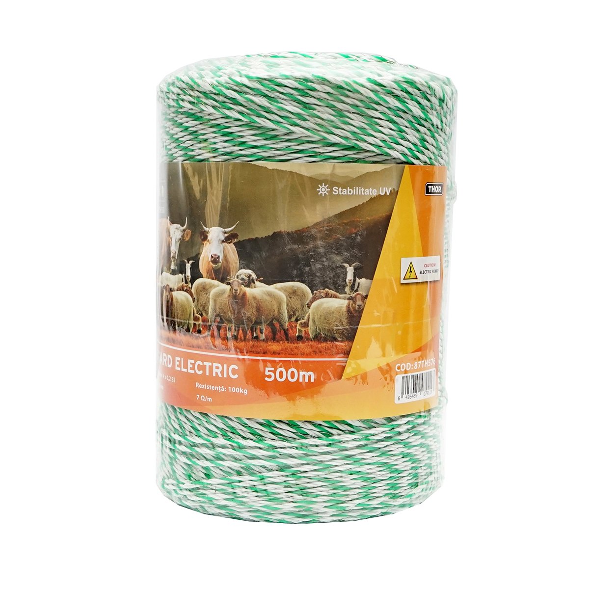 Rola fir alb-verde fi 2.5mm insertie metalica 4x0.2mm SS, rezistenta 7 Ohm/m, 500m gard electric Thor